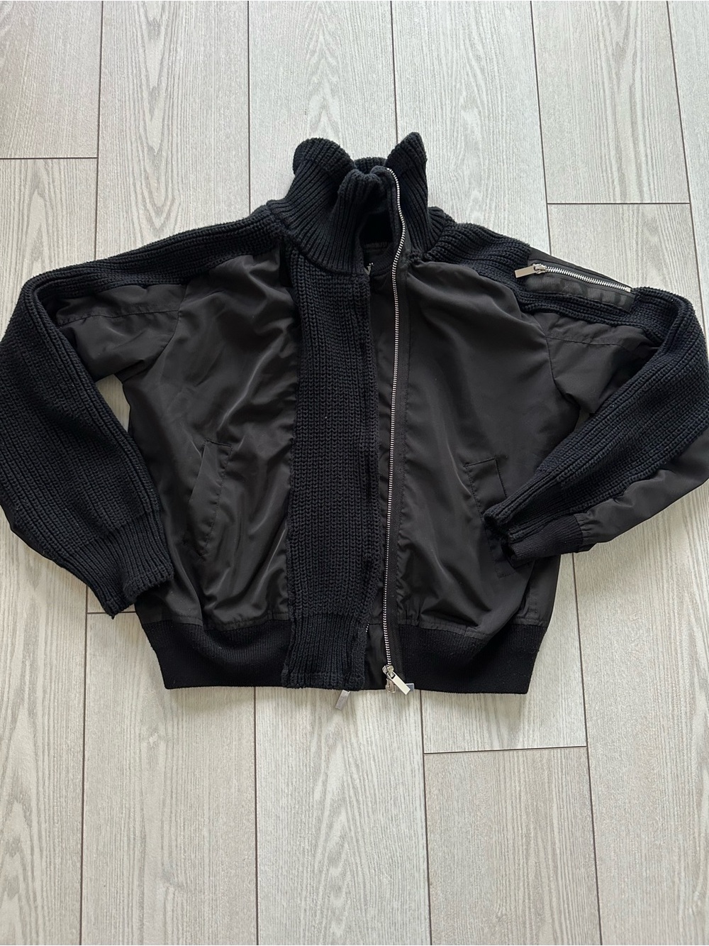 Women's NU Black Knit and Nylon Zip-Up Jacket